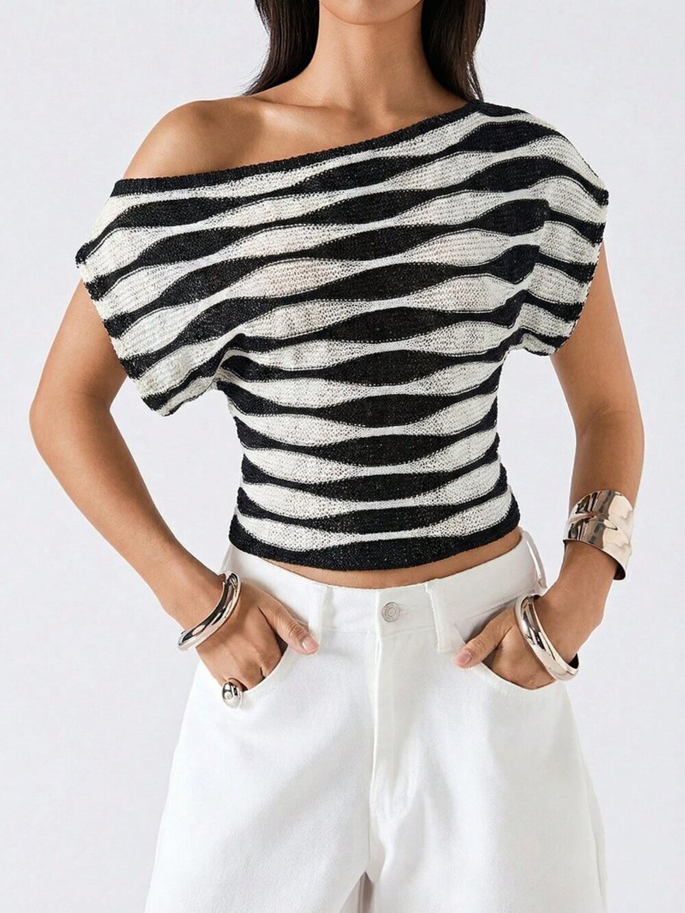 Black And White Casual Women's Minimalist Asymmetric Collar Knit Top